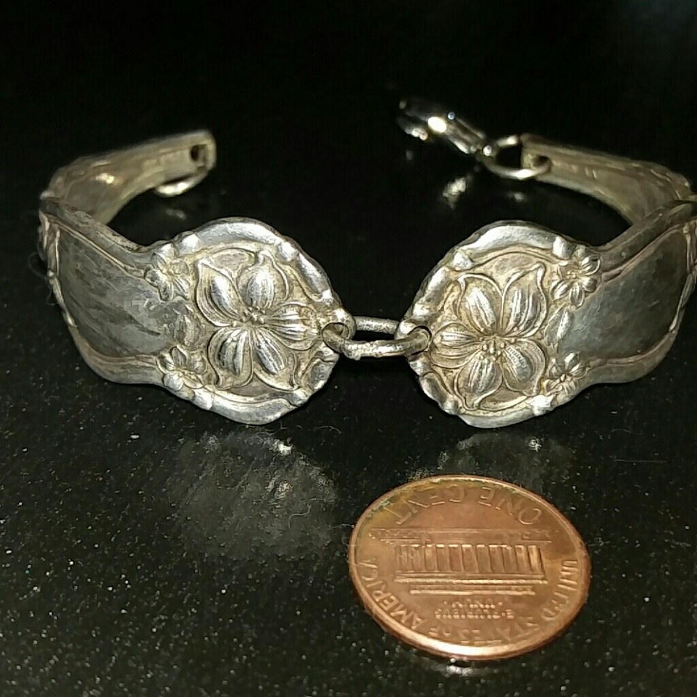 handmade and repurposed vintage silver floral 6" Spoon Bracelet